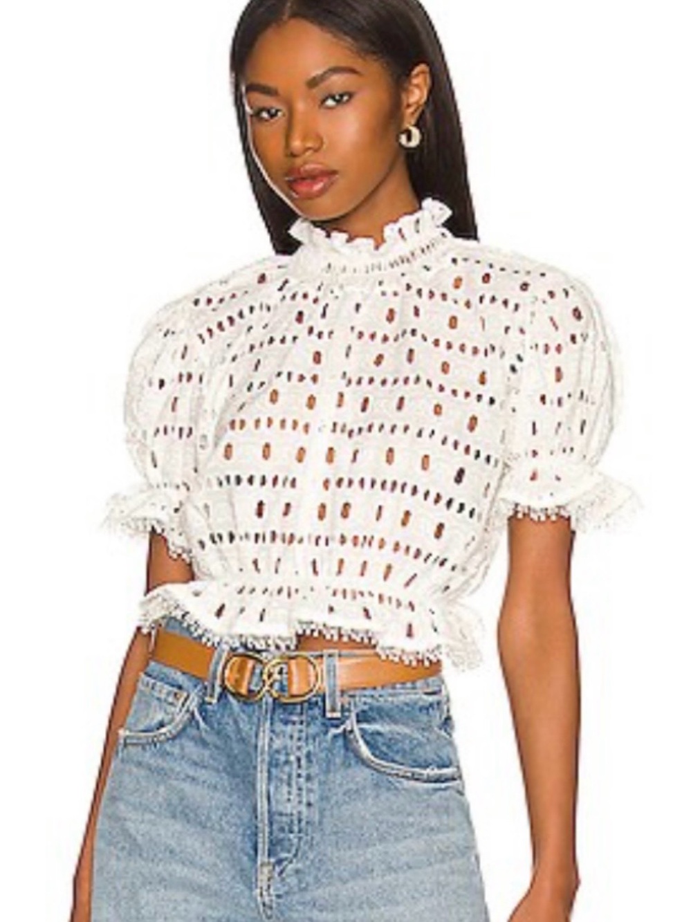 Waimari Lucia White Eyelet Puff-Sleeve Blouse, L